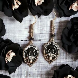 Gothic Retro Style Black Gemstone Spider Earrings Faux‎ Fashion Jewelry